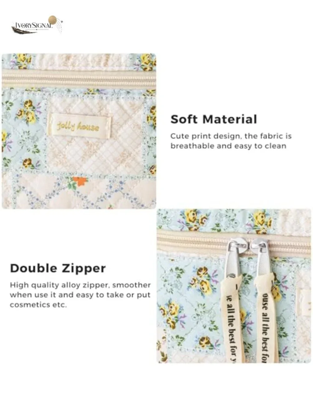 Quilted Cotton Makeup Bag Organizer Set of 3 with Gold-Plated Zipper